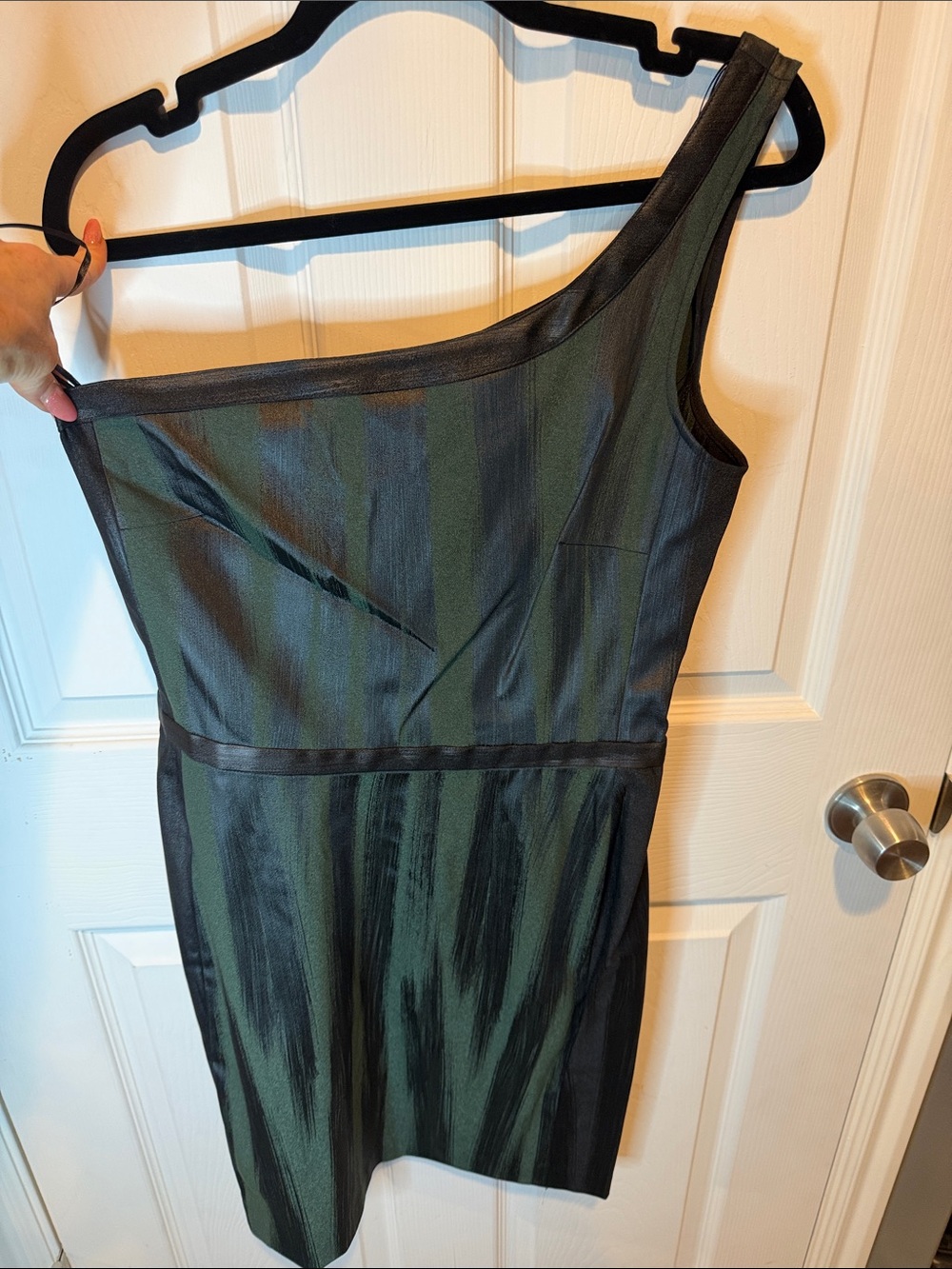 JAYGODFREY One-Shoulder Emerald and Black Striped Dress